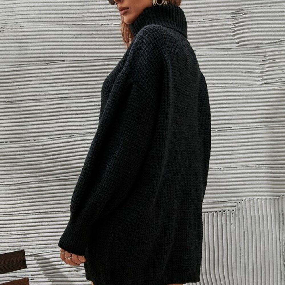 Classic Black Knit Mini Sweater Turtleneck Dress - Picture 2 of 8